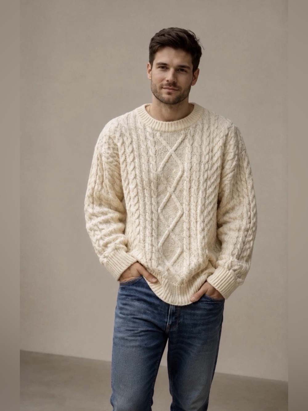 Elfric Eden Cable Knit Sweater Cream Chunky Fisherman Small Men